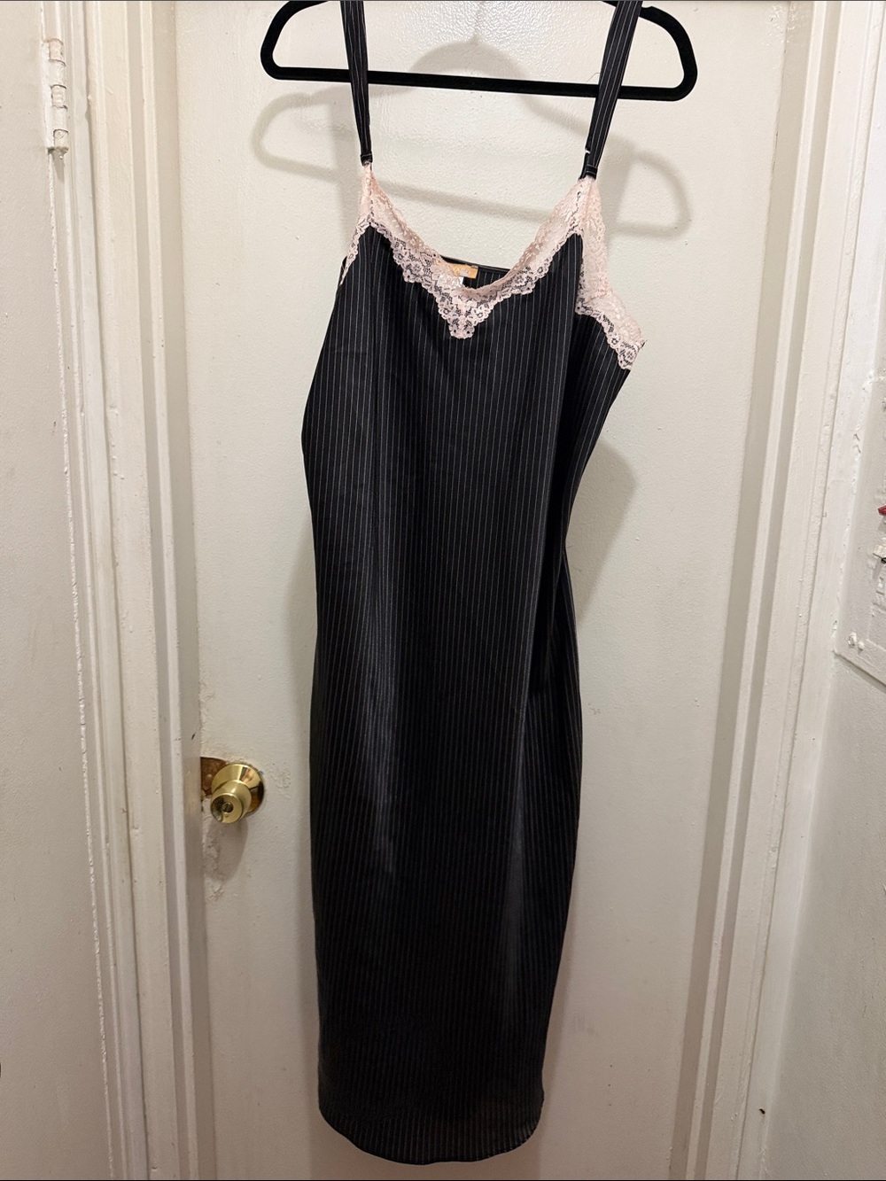 Black Pinstripe Chemise with Pink Lace Trim